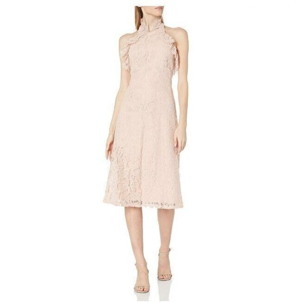 NWT NANETTE LEPORE Plus Sz 16 LACE HALTER MIDI DRESS RUFFLE NECK BLUSH PINK